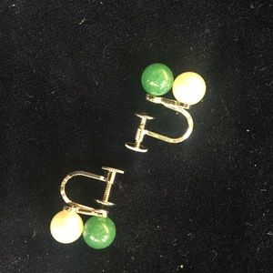Jade and Pearl Sterling Silver Earrings Vintage